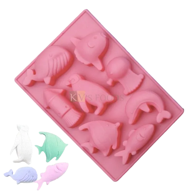 8 Cavities Ocean Sea Theme Animals Whale Fish Dolphin Penguin Squid, Sugar-craft, Fudge, Pudding, Chocolate, Baking, Ice Cream, Garnishing Cake Decoration, Ice Cube, Candy, Fondant, DIY Silicon Mould