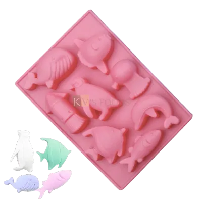 8 Cavities Ocean Sea Theme Animals Whale Fish Dolphin Penguin Squid, Sugar-craft, Fudge, Pudding, Chocolate, Baking, Ice Cream, Garnishing Cake Decoration, Ice Cube, Candy, Fondant, DIY Silicon Mould