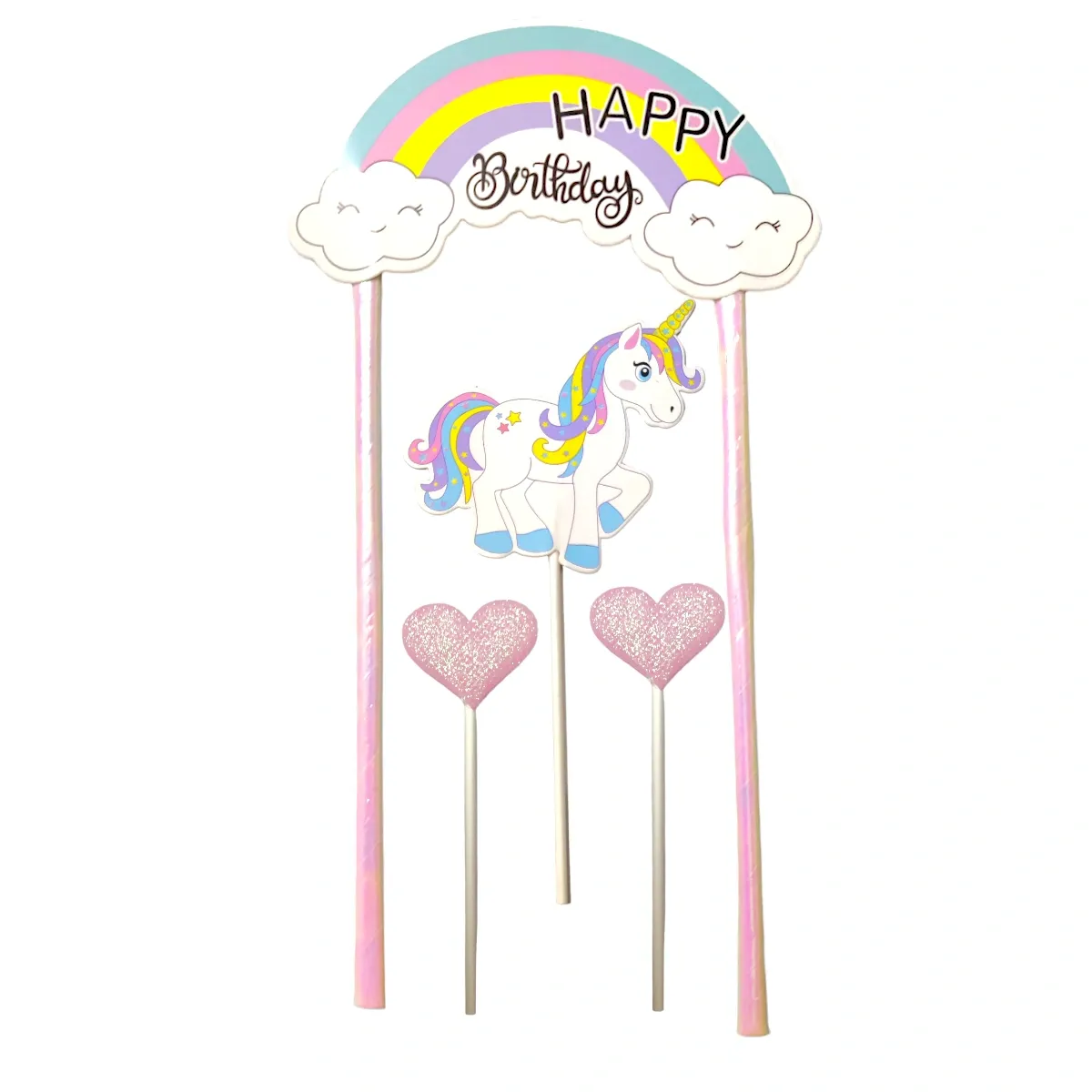4PC Reusable Paper Cutout Happy Birthday Banner With Rainbow, Cloud Unicorn and Pink Hearts Cake Topper Set, Unicorn Theme Kids Girls Princess Happy Birthday Theme Cake Insert DIY Cake Decorations