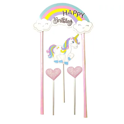 4PC Reusable Paper Cutout Happy Birthday Banner With Rainbow, Cloud Unicorn and Pink Hearts Cake Topper Set, Unicorn Theme Kids Girls Princess Happy Birthday Theme Cake Insert DIY Cake Decorations