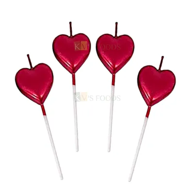 4 PCS Shiny Maroon Colour Metallic Heart Shape Wax Candles Cake and Cupcake Inserts Wedding Anniversary Love Valentine&#39;s Cakes Decorations Happy Birthday Theme Maroon Heart DIY Cake Decorations