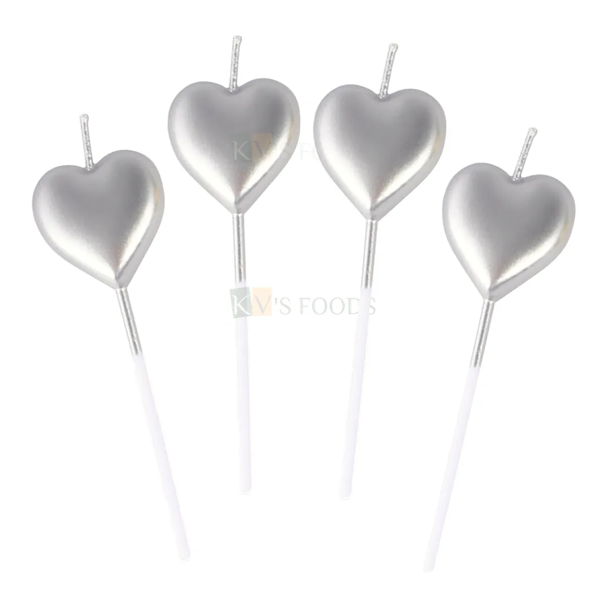 4 PCS Shiny Silver Colour Metallic Heart Shape Wax Candles Cake and Cupcake Inserts Wedding Anniversary Love Valentine&#39;s Cakes Decorations Happy Birthday Theme Silver Heart DIY Cake Decorations