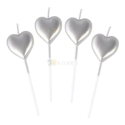 4 PCS Shiny Silver Colour Metallic Heart Shape Wax Candles Cake and Cupcake Inserts Wedding Anniversary Love Valentine&#39;s Cakes Decorations Happy Birthday Theme Silver Heart DIY Cake Decorations