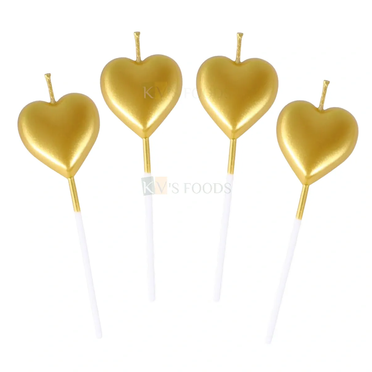 4 PCS Shiny Golden Colour Metallic Heart Shape Wax Candles Cake and Cupcake Inserts Wedding Anniversary Love Valentine&#39;s Cakes Decorations Happy Birthday Theme Gold Heart DIY Cake Decorations