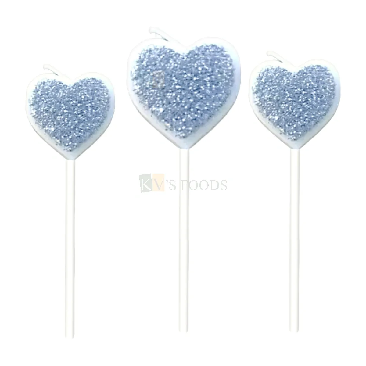 3 PCS Silver White Colour Shiny Glittery Heart Shape Wax Candles Cake and Cupcake Inserts Wedding Anniversary Love Valentine&#39;s Cakes Decorations Happy Birthday Theme Candle DIY Cake Decoration