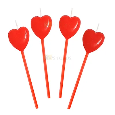 4 PCS Red Colour Heart Shape Wax Candles Cake and Cupcake Inserts Wedding Anniversary Love Valentine&#39;s Cakes Decorations Happy Birthday Theme Red Heart Candle DIY Cake Decorations