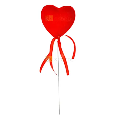1PC Red Colour Velvet Large Heart Shape with Red Satin Lace Knot Cake Topper Happy Birthday Cake Insert Picks Anniversary Love Valentine Theme Bouquet Fillers, Heart Stick  DIY Cake Decorations Gifts