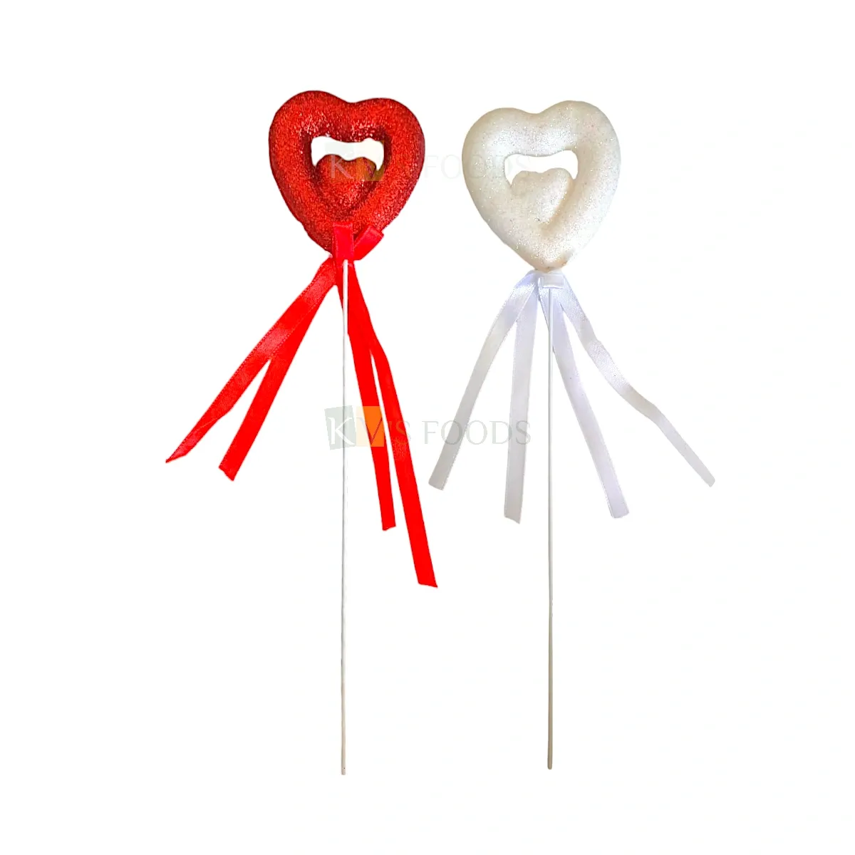 3PC Red or White Shiny Glittery Double Heart Shape with Satin Lace Knot Cake Topper Happy Birthday Cake Insert Picks Anniversary Love Valentine Theme Bouquet Fillers, Stick DIY Cake Decorations Gifts