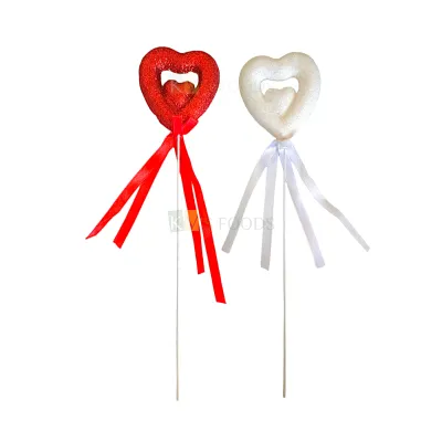 3PC Red or White Shiny Glittery Double Heart Shape with Satin Lace Knot Cake Topper Happy Birthday Cake Insert Picks Anniversary Love Valentine Theme Bouquet Fillers, Stick DIY Cake Decorations Gifts