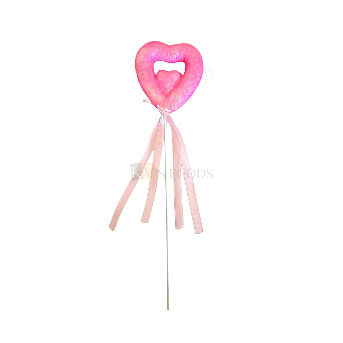 1PC Pink Colour Shiny Glittery Double Heart Shape with Satin Lace Knot Cake Topper Happy Birthday Cake Insert Picks Anniversary Love Valentine Theme Bouquet Fillers, Stick DIY Cake Decorations Gifts