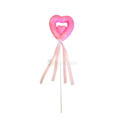 1PC Pink Colour Shiny Glittery Double Heart Shape with Satin Lace Knot Cake Topper Happy Birthday Cake Insert Picks Anniversary Love Valentine Theme Bouquet Fillers, Stick DIY Cake Decorations Gifts
