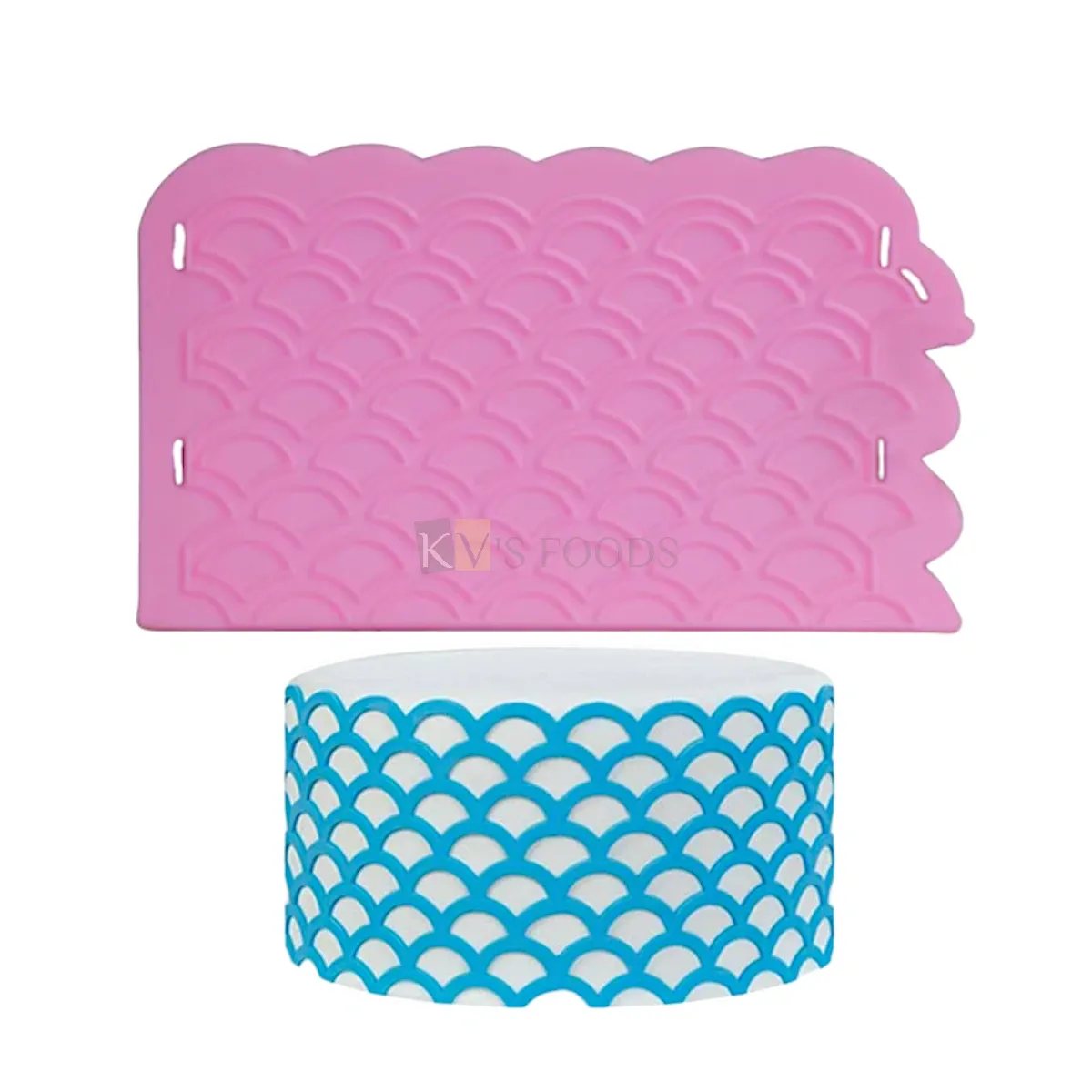 1 PC Silicone Light Pink Scalloped Lattice Cake Edges Onlay  Impression Mat Cake Border Fondant Mould Tools Sugar lace Pattern Matt DIY Embossing Pad for Birthday Wedding Anniversary Baby Shower Cakes