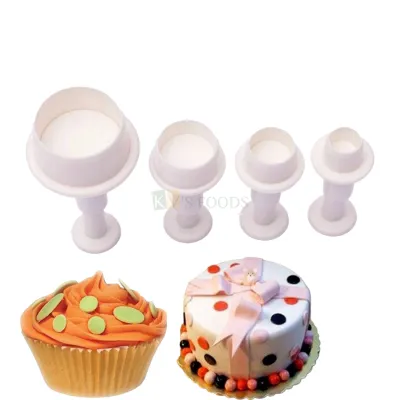 4 PCS White Circle Shapes Fondant Plunger Cutters Stamps, Molds, Embossing Spring Mold Printed Presses Impression Tools, Chocolates, Christmas Birthday Wedding Anniversary DIY Cakes Decorations