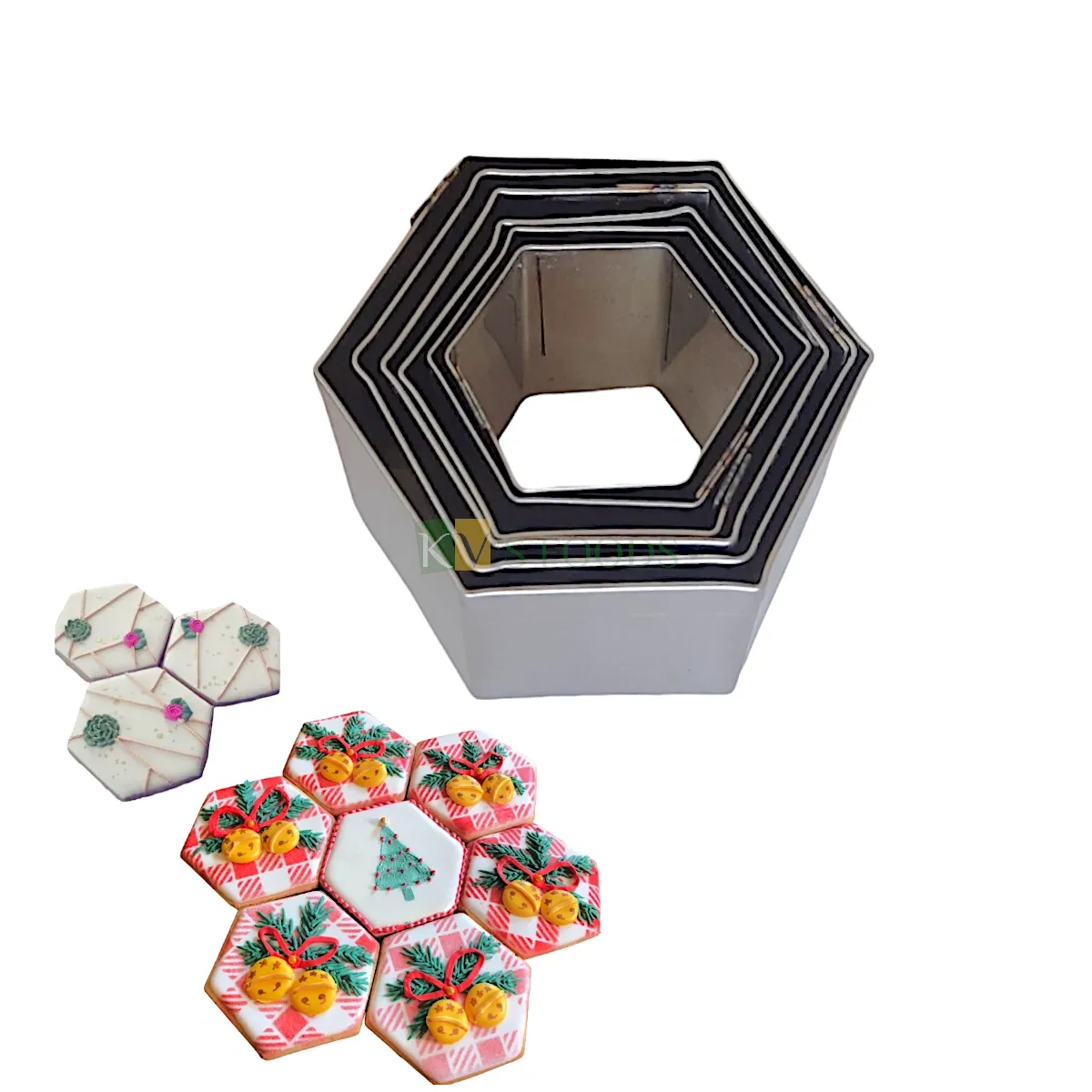 6 PC Silver Steel Different Sizes Hexagon Shape Cookies Cutters, Pancake Fondant Cakes Biscuits Sandwich Chocolate Metal Moulds, Birthday Parties Celebrations DIY Cake Decorations