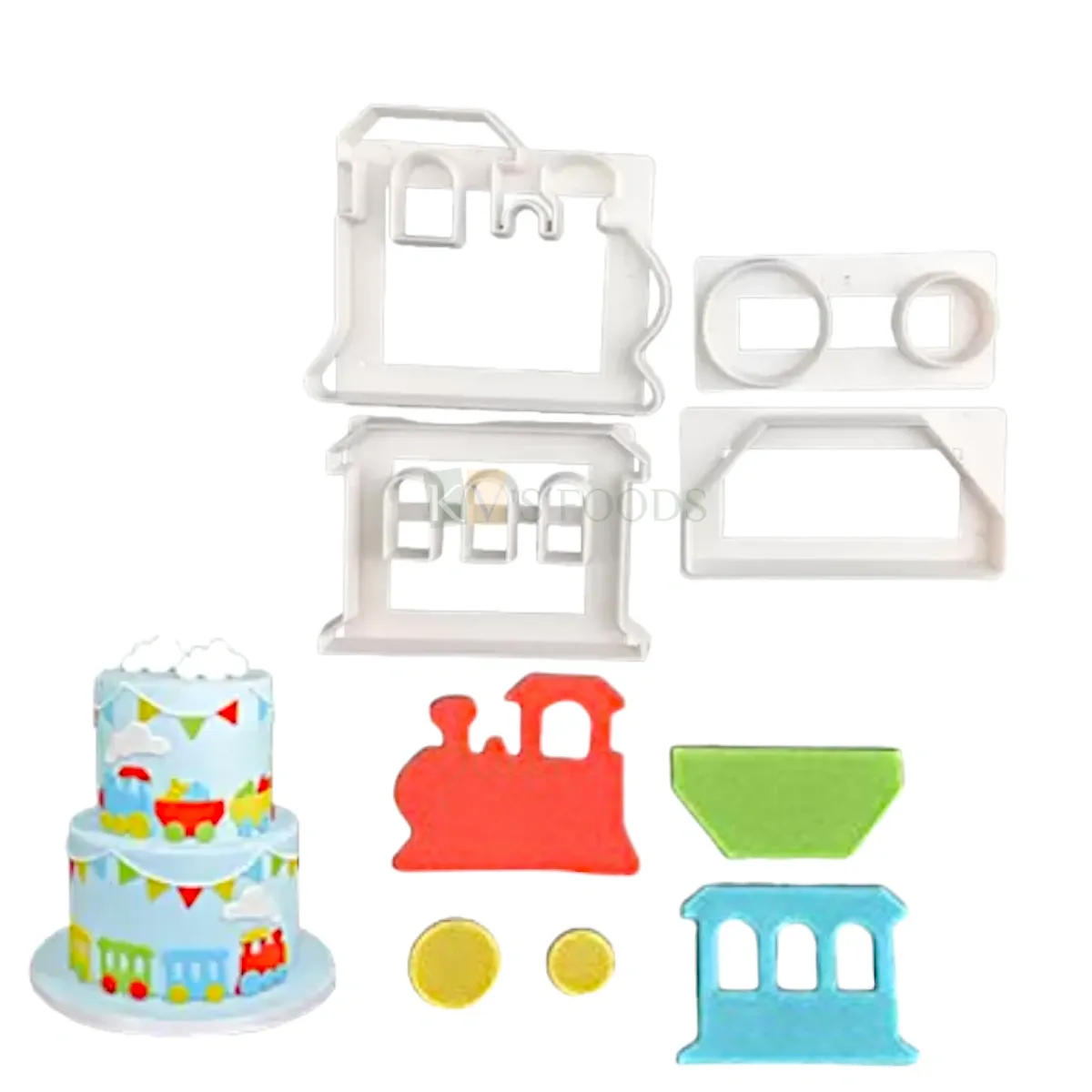 4 PCS White Train Cutters Stamps, Plunger Molds Embossing Mold Printed Presses Impression, Chocolates Pancake Cookies Cutter, Kids Girls Boys Happy Birthday Theme Baby Shower Cake Cupcake Decorations