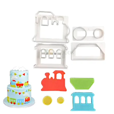 4 PCS White Train Cutters Stamps, Plunger Molds Embossing Mold Printed Presses Impression, Chocolates Pancake Cookies Cutter, Kids Girls Boys Happy Birthday Theme Baby Shower Cake Cupcake Decorations
