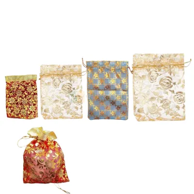 10 PCS Shiny Fancy Golden Multicoloured Organza Rope Handle Synthetic Potli Gift Bags in Different Sizes Designs Jewelry Pouches Sheer Drawstring Candies Bag, Mesh Bag Multi Purpose for Valentines Day