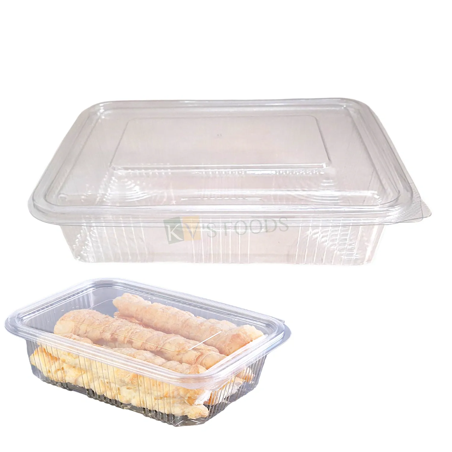 5 PCS Size 7.6 x 7 Inch, Height 2.5 Inch Capacity ~1250 ML Rectangle Hinged Food Packaging Container with Flat Lid Bakery Transparent Deep Fruit Salad Cupcake Show Bowl Clamshell Box