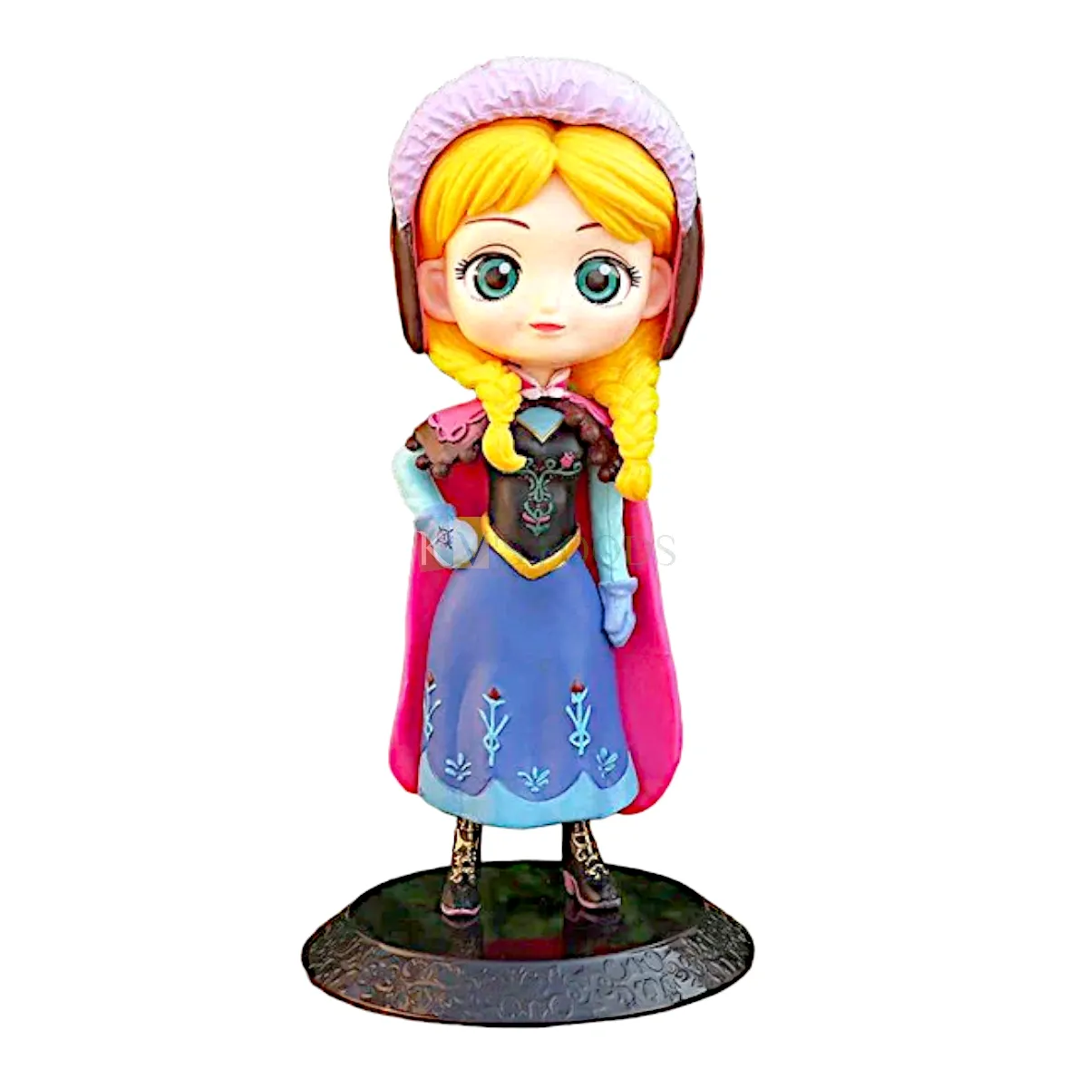 1PC Disney Frozen Queen Elsa Princess With Over Coat Helmet Kawaii Q Style Doll Cake Topper, Girls Birthday Big Eyes Doll with Black Base Kids Room Decor Cutest Princess Figurine DIY Cake Decoration
