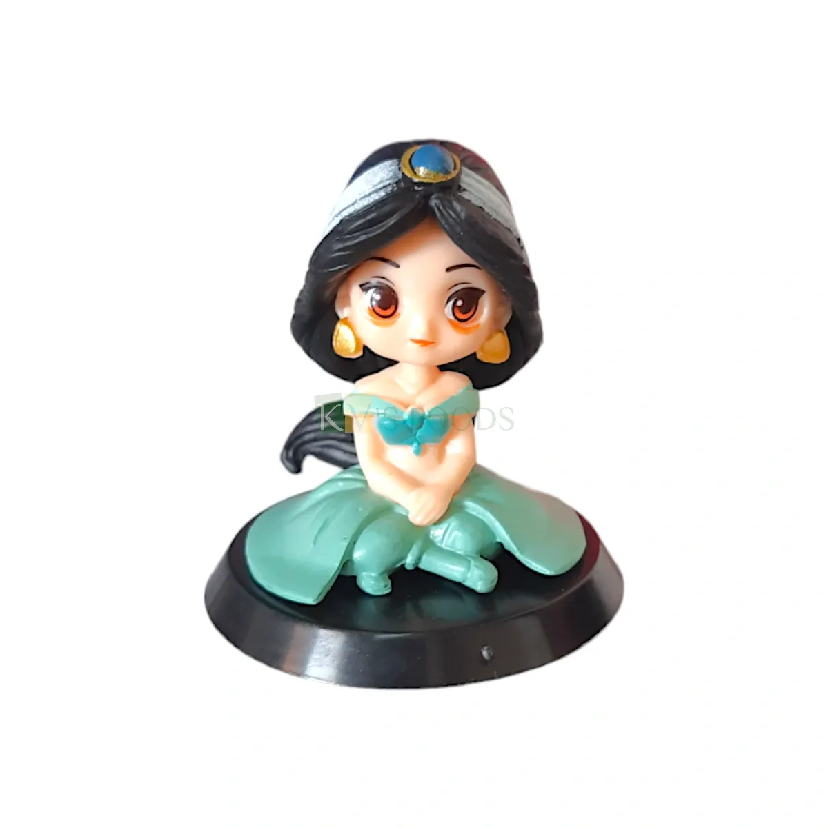 1PC Green Princess Sitting Jasmine Alladin Disney Cartoon Theme Cake Topper Kawaii Q Style Doll Cake Topper Girls Happy Birthday Theme Big Eyes Doll with Black Base Cutest Princess Figurine Cake Decor