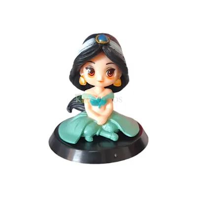1PC Green Princess Sitting Jasmine Alladin Disney Cartoon Theme Cake Topper Kawaii Q Style Doll Cake Topper Girls Happy Birthday Theme Big Eyes Doll with Black Base Cutest Princess Figurine Cake Decor