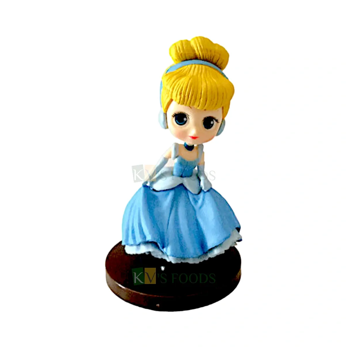 1PC Blue Princess Cinderella Disney Kawaii Q Style Doll Cake Topper, Girls Big Eyes Doll with Black Base Kids Room Decor Cutest Princess Figurine Kids Happy Birthday Theme, Long Dress Doll Cake Decor