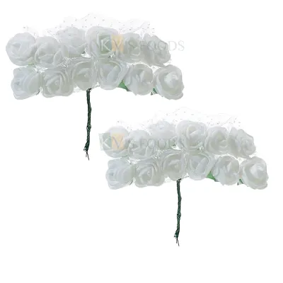 24 PCS White Small Non-Edible Rose Foam Flowers Length 1 Inch for Birthday Wedding Anniversary Engagement Christmas Cake Cupcake Function Decorations DIY Craft Wall Home Hair Accessory Jewelry Decor