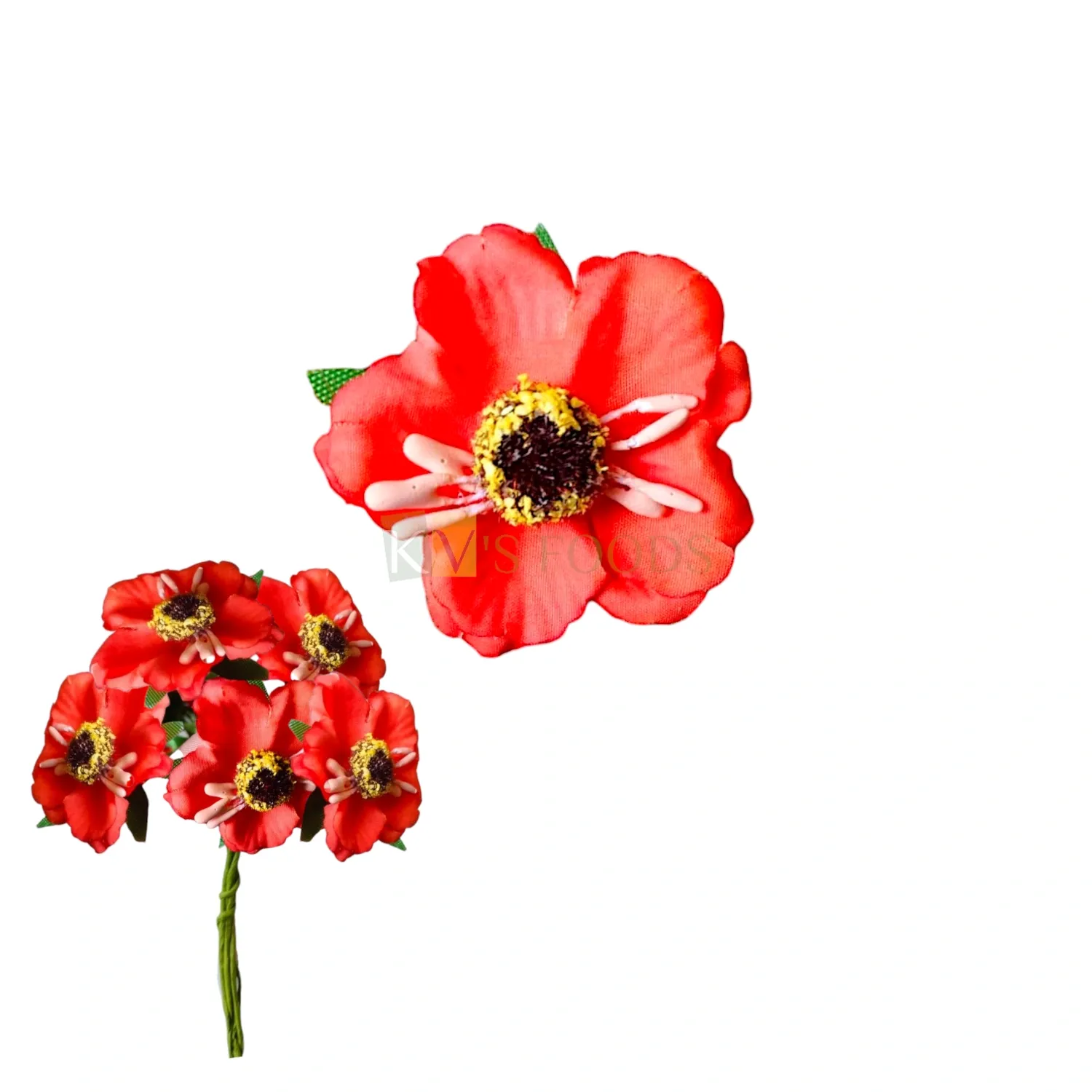 6 PCS Orange Small Non-Edible Poppy 5 Petals Anemones Flower Length 1.7Inch for Birthday Wedding Anniversary Engagement Christmas Cake Cupcake Function Decorations DIY Crafts Home Hair Accessory Decor
