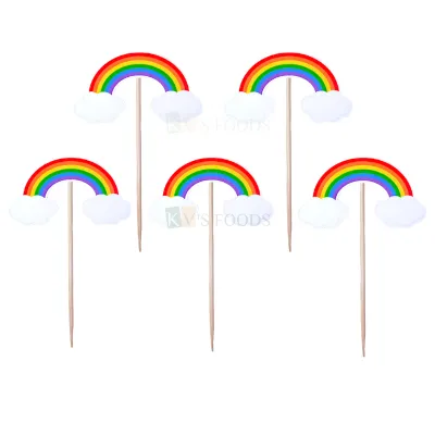 10 PCS Multicoloured Rainbow with Cloud Toothpick Cake Topper Cupcake Toppers New Years Cakes Decorations Happy Birthday Theme Fruit Pick Bamboo Toothpicks DIY Cake Decorations