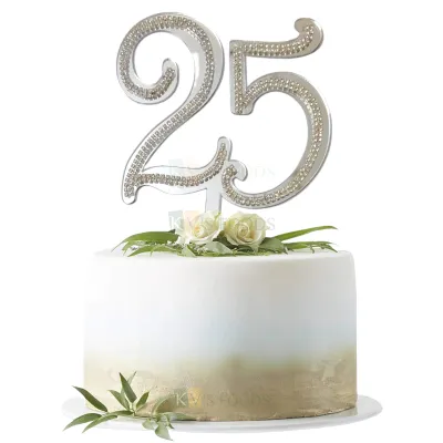 1PC Silver Shiny Acrylic 25 Number With Stones or Diamond Lace On It Cake Topper, Happy  25th Birthday Theme, 25 Years Old Birthday Party Twenty Five Number Theme Cake Topper Anniversary Celebration