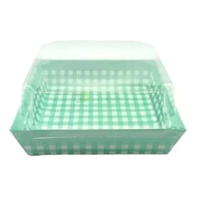 10 PC Eco Friendly Square Light Green Colour Bakeable Paper Bakeware Bake And Serve Cake Mould With Clear Lid for Plum Cakes Brownie Teal Pastel Colour Checks Paper Moulds Checkered Paper Box