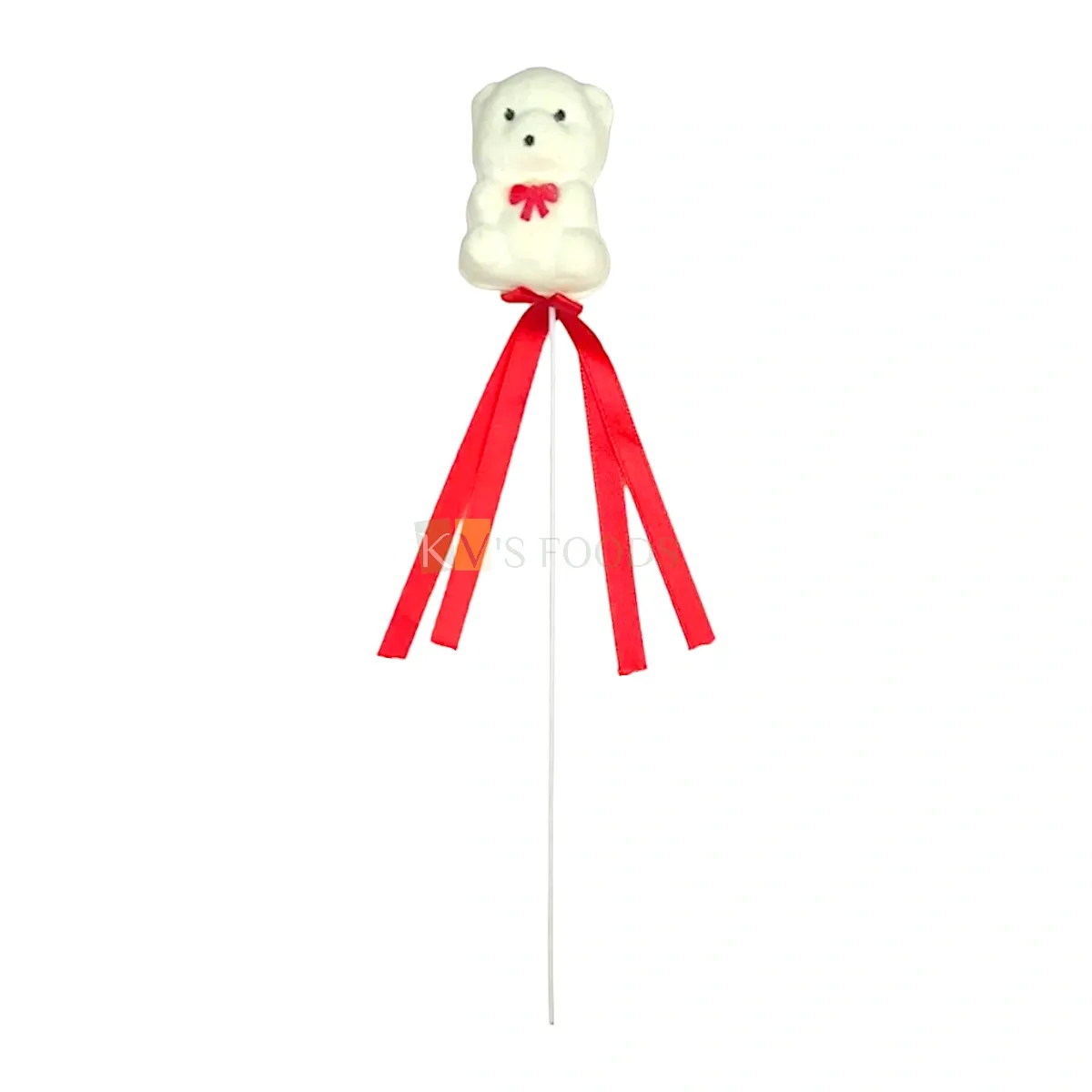 1PC White Small Teddy Bear with Red Satin Lace Knot Cake Topper Kids Girl Boys Happy Birthday Cake Insert Picks, Romantic Love Valentine Theme Bouquet Fillers, Teaddy Bear  Stick DIY Cake Decorations