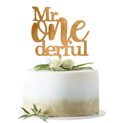 1PC Golden Acrylic Shiny Glass Finish Mr Onederful Cake Topper, Husband&#39;s Birthday Celebration and Ocassion Happy Birthday Theme Unique Elegant Font Design Cake Topper DIY Cake Decoration