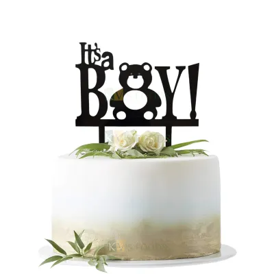 1PC Black Acrylic Its A Boy! With Teddy Bear Cartoon In O Letter Cake Topper, Baby Shower Ceremony, Unique Elegant Font Design Home Celebrations and Ocassions Cake Insert DIY Cake Decorations