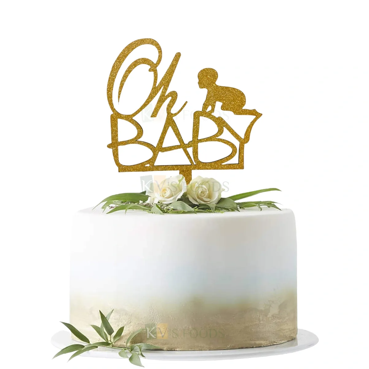 1PC Golden Shiny Glitter MDF Oh Baby Cake Topper Baby Shower Ceremony and Ocassions Small Home Celebrations Cake Toppers Unique Elegant Font Design Cake Toppers DIY Cake Decorations
