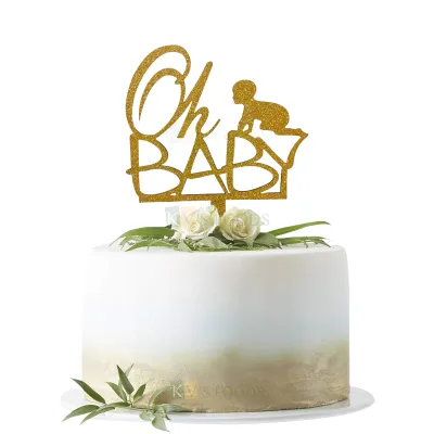 1PC Golden Shiny Glitter MDF Oh Baby Cake Topper Baby Shower Ceremony and Ocassions Small Home Celebrations Cake Toppers Unique Elegant Font Design Cake Toppers DIY Cake Decorations