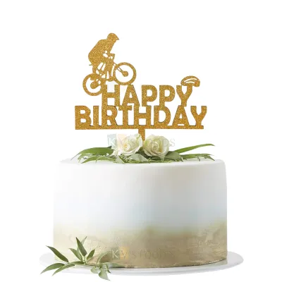 1PC Golden Shiny Glitter MDF Bicycle Man Happy Birthday Letters Cake Topper Boy&#39;s Kids Cycle Theme Cake Insert, Man Cycling Theme Sports Bicyle Riders Birthday Party Decorations DIY Cake Decorations