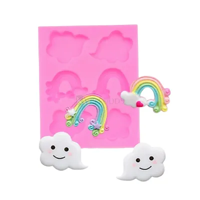1 PC Silicone Fondant Rainbow Clouds Chocolate Mould 6 Cavity, Kids Girls Children&#39;s Happy Birthday Theme, Baby Shower Theme, Rainbow Theme Flexible Moulds DIY Cake Decorating Molds