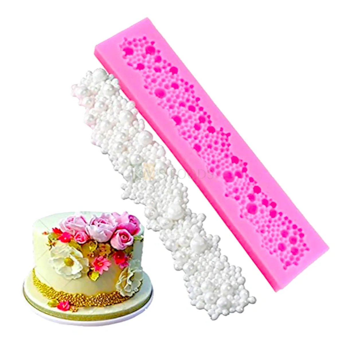 1 PC Silicone Fondant Different Sizes Pearls Shape, Round Circle Beads Strips Neklace String Chain Shape Moulds Wedding Anniversary Cakes Baby Shower Happy Birthday Theme Flexible Lace Moulds