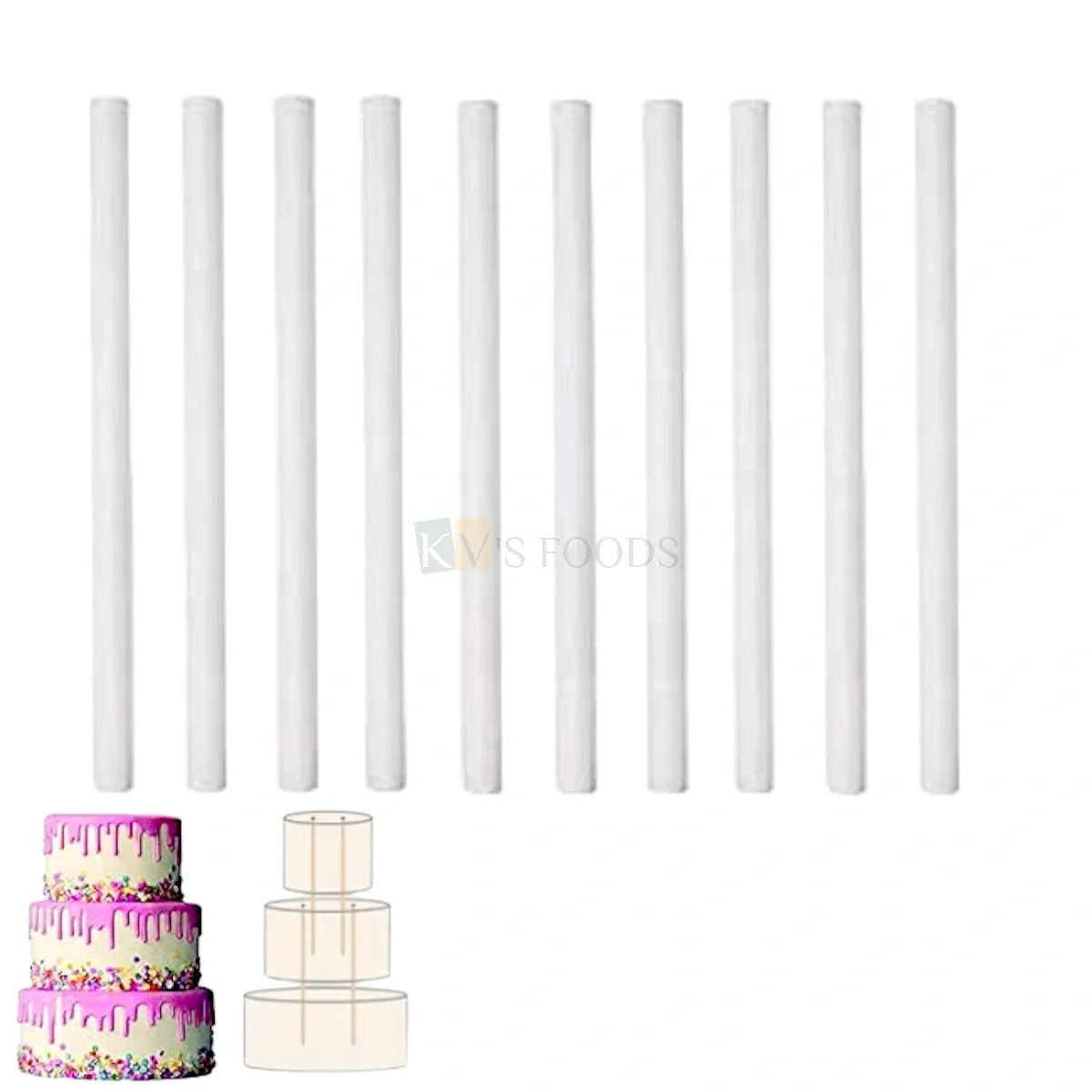 10 PCS Set White 0.4 Inch Wide Hollow Pillars Dowels Rods for Cake Construction 2-Tier, 3-Tier Cakes, Supporter for Multi Tiered Cakes Plastic rods, Cake Stands Wedding Anniversary Birthday Cake Decor