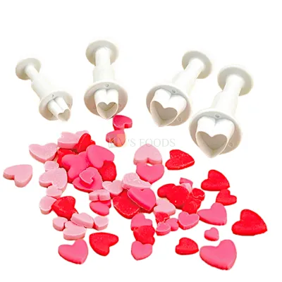 4 PCS White Heart Shapes Fondant Plunger Cutters Stamps, Molds, Embossing Spring Mold Printed Presses Impression Biscuit Chocolate Pancake Love Valentines Wedding Anniversary Cakes Decorations