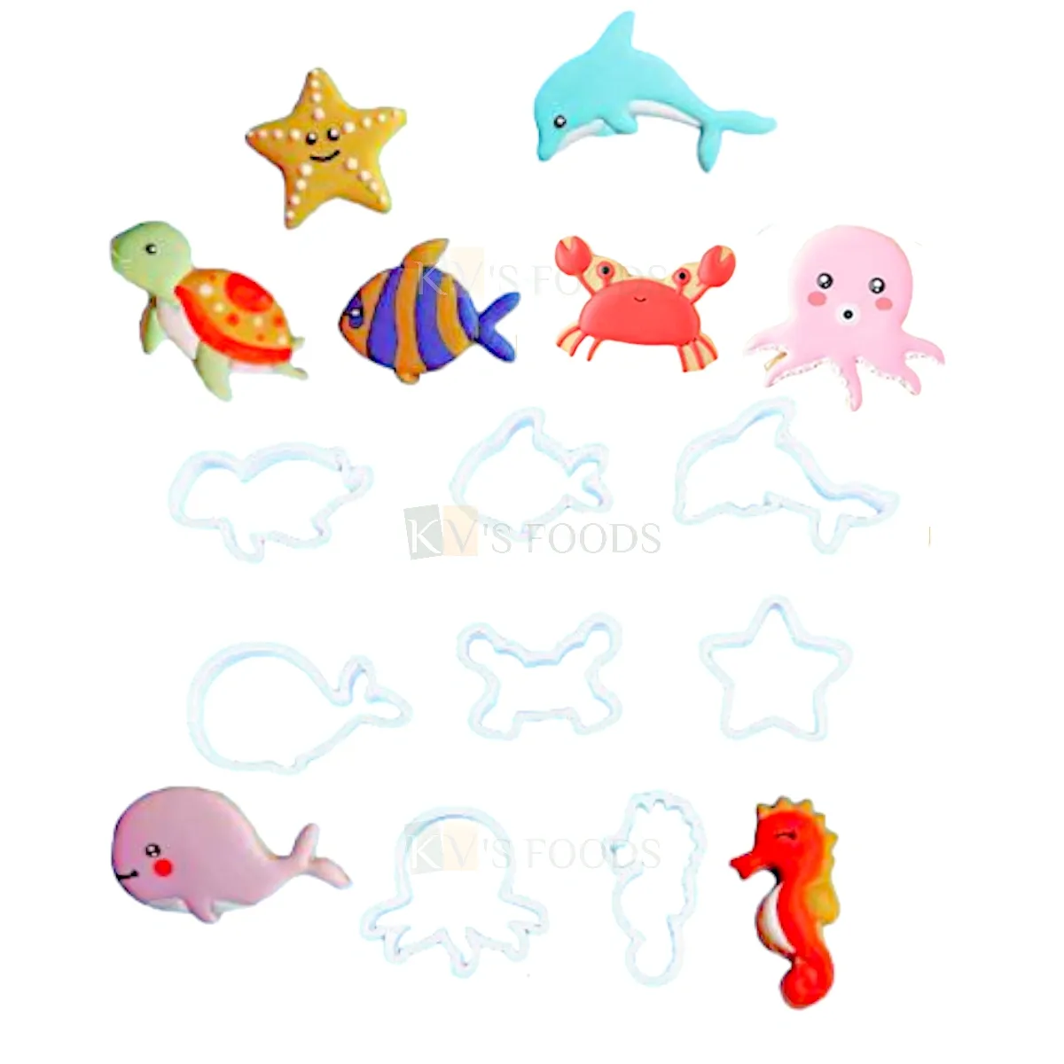 8 PCS White Sealife Creatures Cutters Fondant Plunger Seahorse, Starfish, Dolphin, Crab Turtle Fish, Whale Tortoise Octopus Underwater Theme Aquatic Creatures Marine Ocean Animals SEA Critters Theme