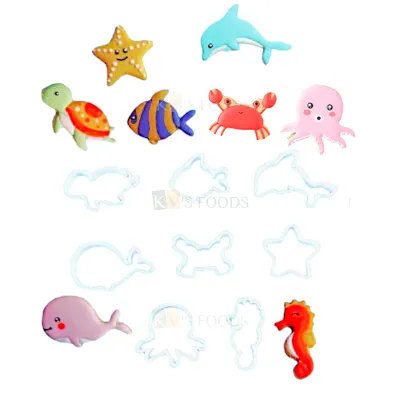 8 PCS White Sealife Creatures Cutters Fondant Plunger Seahorse, Starfish, Dolphin, Crab Turtle Fish, Whale Tortoise Octopus Underwater Theme Aquatic Creatures Marine Ocean Animals SEA Critters Theme