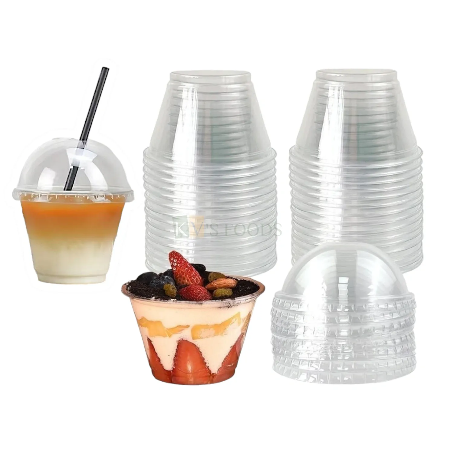 25 PCS (9B) 3.6 Inch X 2.83 Inch Capacity ~ 9oz  (220-265ml) Plastic Dessert Cups with Dome Lids Straw Hole Multi-Purpose Clear Transparent Cold Drinks Disposable Birthday Mousse Pudding Glass