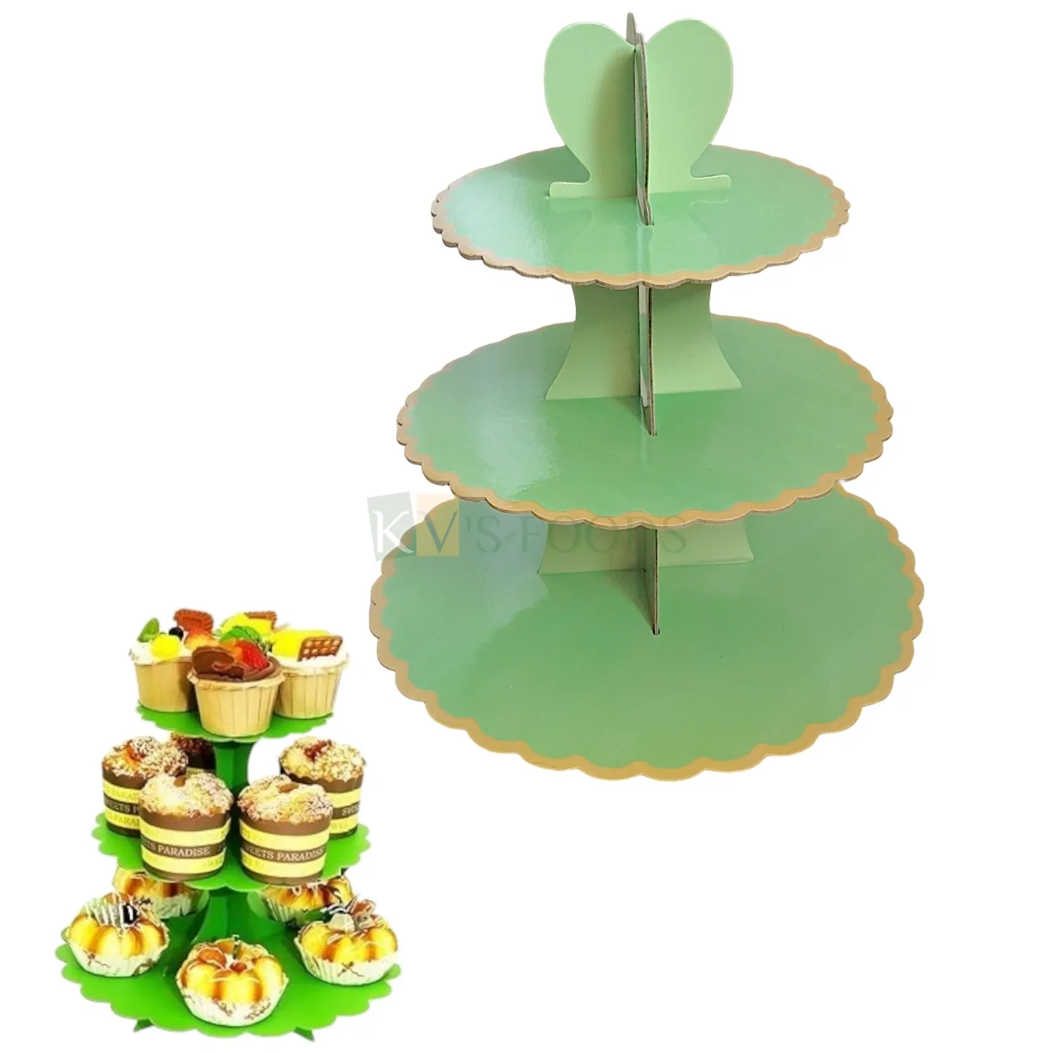 1PC Cardboard Green Colour  with Golden Border Disposable 3 Tier Cupcake Stand Tower, Dessert Cupcake Serving Stand Holder for Parties, Display Rack for Muffins, Pastries, Doughnuts Brownies Tableware