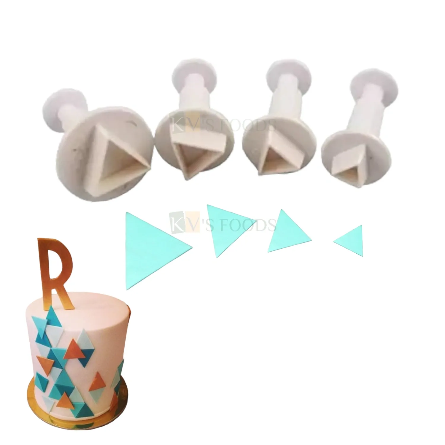 4 PCS White Triangle Shapes Fondant Plunger Cutters Stamps, Molds, Embossing Spring Mold Printed Presses Impression Tools, Chocolates, Christmas Birthday Wedding Anniversary DIY Cakes Decorations