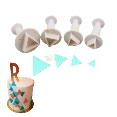 4 PCS White Triangle Shapes Fondant Plunger Cutters Stamps, Molds, Embossing Spring Mold Printed Presses Impression Tools, Chocolates, Christmas Birthday Wedding Anniversary DIY Cakes Decorations