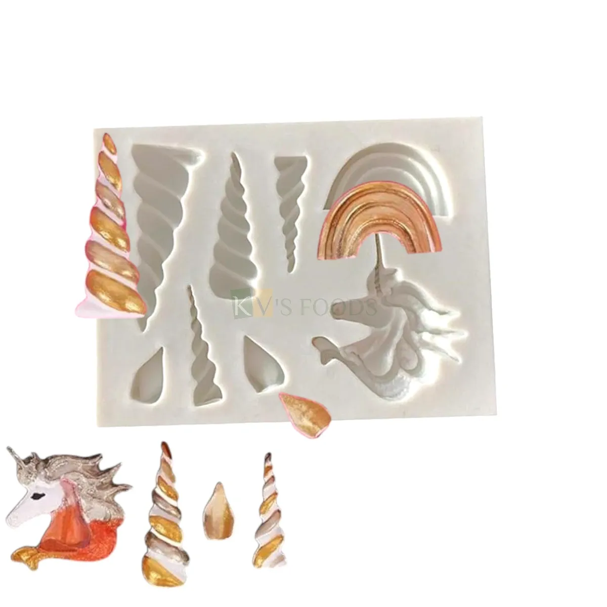 1 PC Silicone Fondant Different Sizes Unicorn Horns Head Ears Rainbow Fondant Cake Chocolate Mould 8 Cavity, Kids Girls Happy Birthday Theme, Baby Shower Theme, Flexible Sugar Paste Gum Paste Moulds