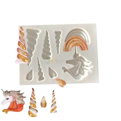 1 PC Silicone Fondant Different Sizes Unicorn Horns Head Ears Rainbow Fondant Cake Chocolate Mould 8 Cavity, Kids Girls Happy Birthday Theme, Baby Shower Theme, Flexible Sugar Paste Gum Paste Moulds