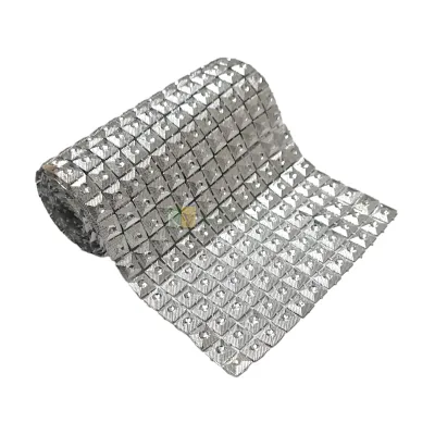 1 PC Length Approx. 1 Meter, Width - 3.9 Inch, Silver Pyramid Shape Checks Square Design Rhinestone Ribbon Roll Lace for Cake Decoration Sparkling Diamond Mesh Wrap Lace for Wedding Cakes Silver Lace